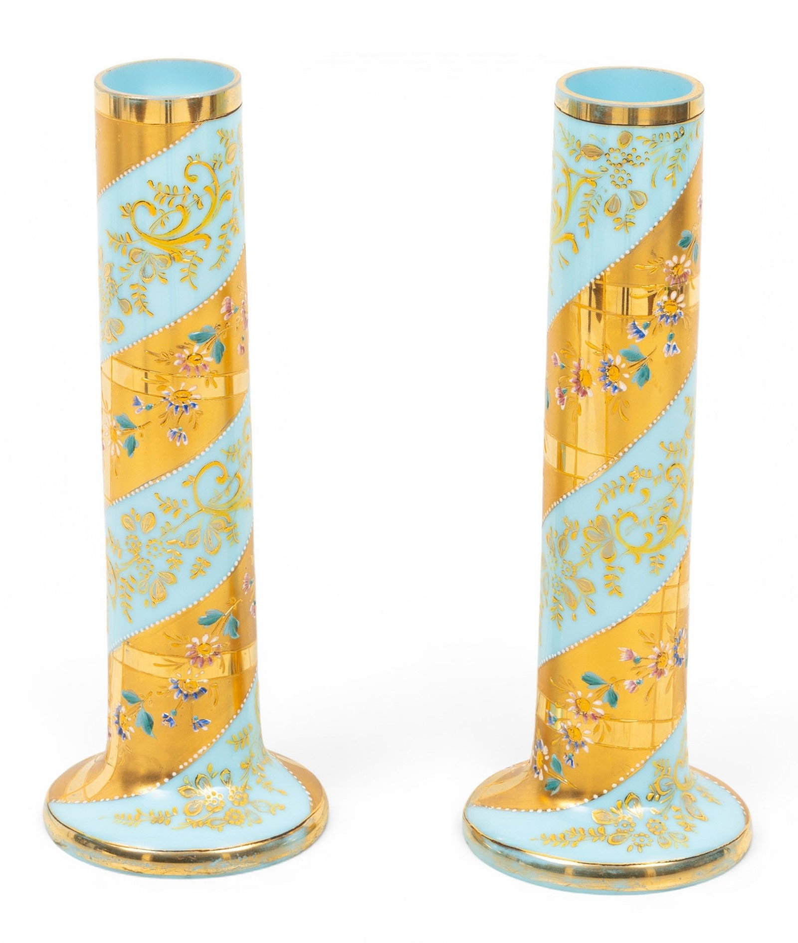Italy, Blown Glass Urns, Pale Blue and Gold 1900, H 10" W 3.5" 1 PAIR: Italy, Blown Glass Urns, Pale Blue and Gold 1900, H 10" W 3.5" 1 PAIR Fired gold bands and enamel decoration. Provenance: Property of a Bloomfield Hills, MI private collector. Dimensions: H 10" W 3.5"