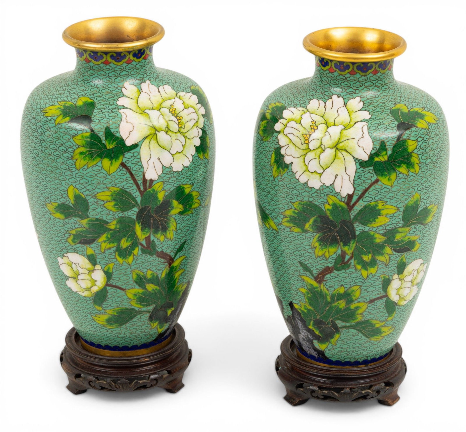 Chinese Cloisonne Mantle Urns 1960, H 10.5" 1 PAIR (1 of 4)