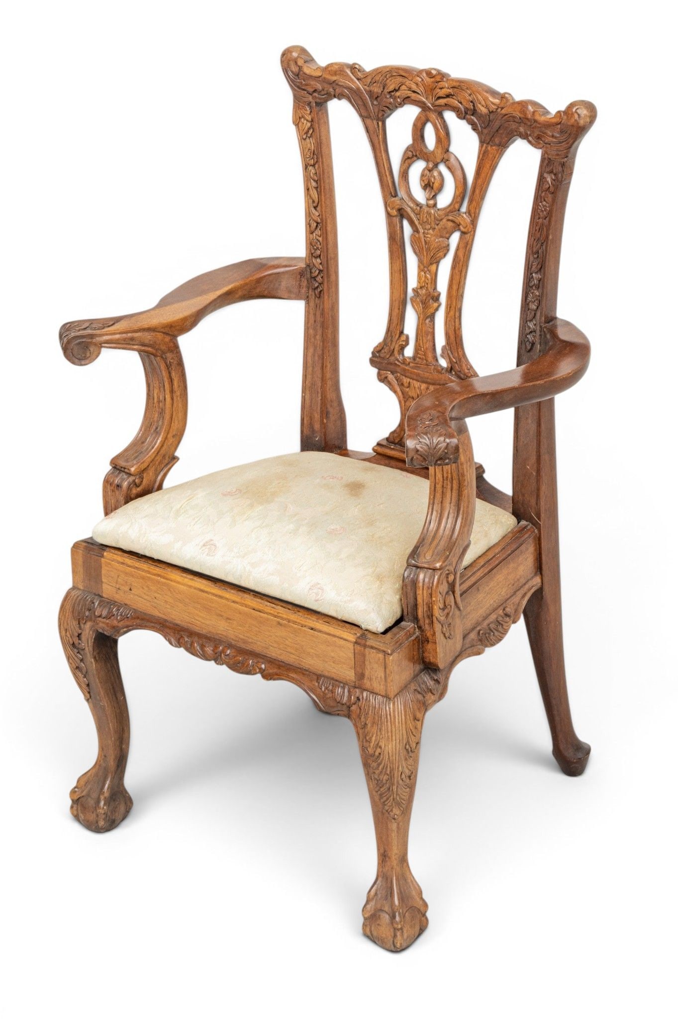 Chippendale Style Mahogany Child's Armchair H 25" W 16" L 14": Chippendale Style Mahogany Child's Armchair H 25" W 16" L 14" Carved serpentine crest rail over carved and pierced back splat. Slip seat or drop-in seat pad fits into side rails. Provenance: Pro