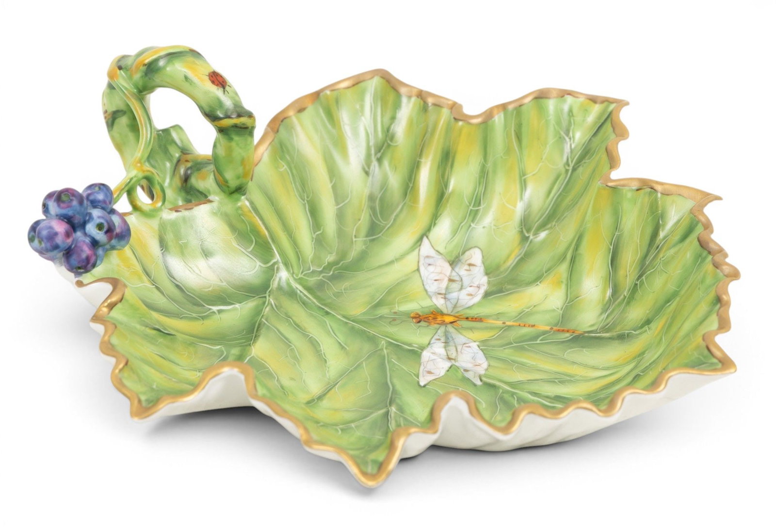 Anna Weatherly Designs Hand Painted Leaf-Form Dish 20th Cent., H 2" W 6" Depth 6": Anna Weatherly Designs Hand Painted Leaf-Form Dish 20th Cent., H 2" W 6" Depth 6" Leaf and berry form with hand painted dragonfly on leaf. Marked on underside and marked A.W. 32, Mahues. Provenance: P