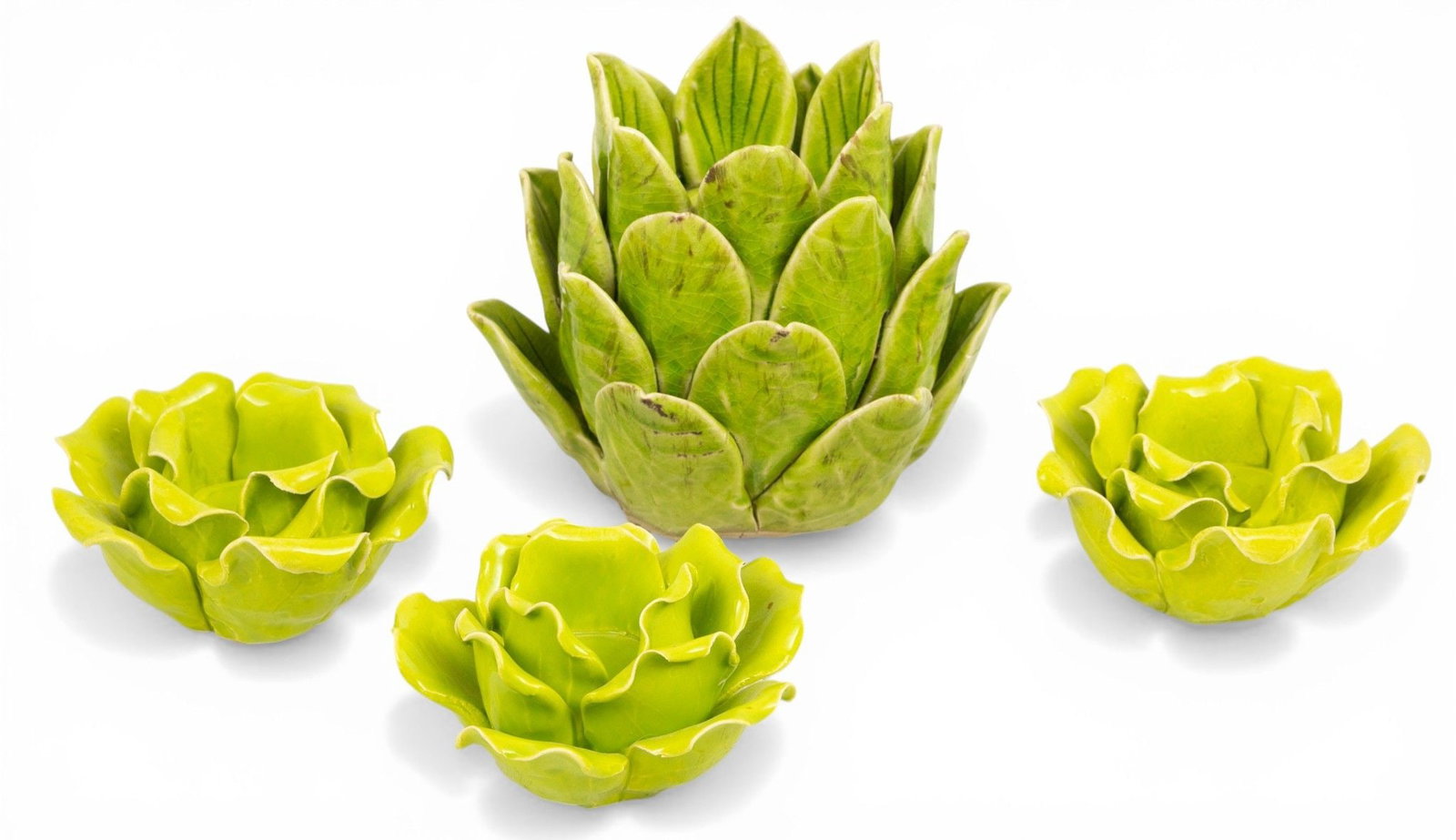 Leaf-form Pottery Artichoke and Flower Candlesticks 4 PCS (1 of 7)