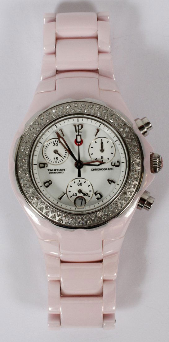 MICHELLE CERAMIC & DIAMOND LADY'S WATCH: MICHELLE CERAMIC & DIAMOND LADY'S WATCH:Includes 100 diamonds at .47 ct total. Water resistant, Swiss movement. Inscribed on the face: "Tahitian Diamond", "Chronograph" and "Swiss"; date window and se