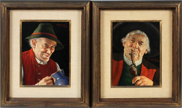 OTTO EICHINGER OIL ON MASONITE, 10 1/2" X 8": OTTO EICHINGER [AUSTRIAN 1922-2004], OIL ON MASONITE, 10 1/2" X 8":Signed and framed. Depicting two Austrian gentlemen; one holding a stein and one smoking a pipe; one signed lower right; other upper 