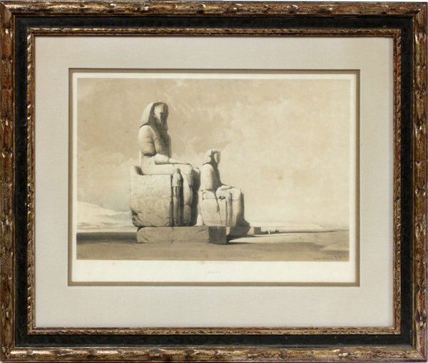 DAVID ROBERTS R.A., COLORED ETCHING, "THEBES": DAVID ROBERTS R.A., COLORED ETCHING, "THEBES", 14"X19 1/2":Framed and matted under glass. Pub. F.G. Moon London; signed on plate lower right; C.O.A. on verso inscribed: "David Roberts Lithograph c1850