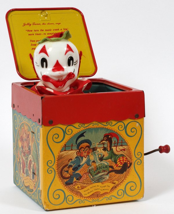 MATTEL CREATIONS JACK IN THE BOX, H 5 3/4": MATTEL CREATIONS JACK IN THE BOX, W 5 1/2", H 5 3/4":