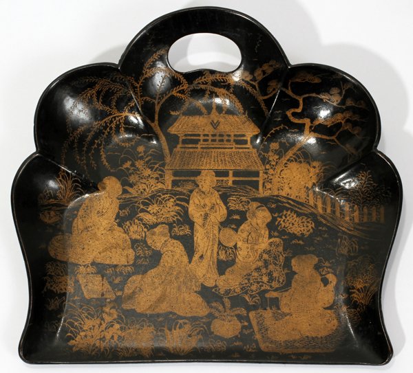 ANTIQUE JAPANESE PAINTED WOOD SILENT BUTLER: ANTIQUE JAPANESE LACQUER AND GILT PAINTED WOOD SILENT BUTLER, 19TH C, H 8", W 9":antique enamel Japanese crumber with gilt painted courtyard scenes.