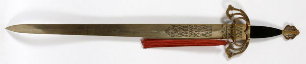 SPANISH REPRODUCTION "TWO HAND SWORD OF EL CID: SPANISH REPRODUCTION "TWO HAND SWORD OF EL CID, LATE 20TH C, L 34" BLADE:sword having wrapped woven handle; scroll work on 34" double edge blade, "Toledo Spain" and "Mandoble del Cid" (two hand sword