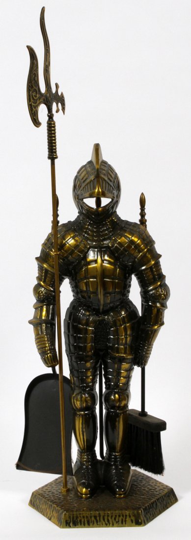 SUIT OF ARMOR MOTIF, FIREPLACE TOOLS, 4, H 28": SUIT OF ARMOR MOTIF, FIREPLACE TOOLS, MID 20TH C., 4 PCS., H 28":depicts a suit of armor on a base with a battle pike/axe (poker), shovel and broom.