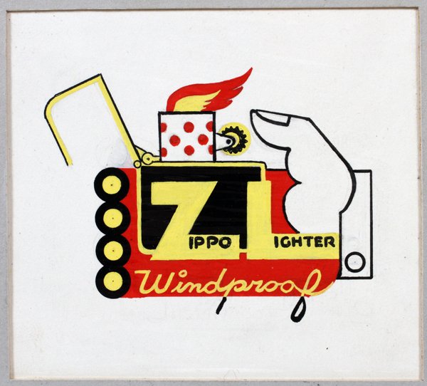 ZIPPO LIGHTER CELLULOID PROTOTYPE ARTWORK: ZIPPO LIGHTER CELLULOID PROTOTYPE ARTWORK:color advertisement art depicting a stylized hand lighting a Zippo lighter and inscribed: " ZL Zippo Lighter Windproof"; along with three partially completed 