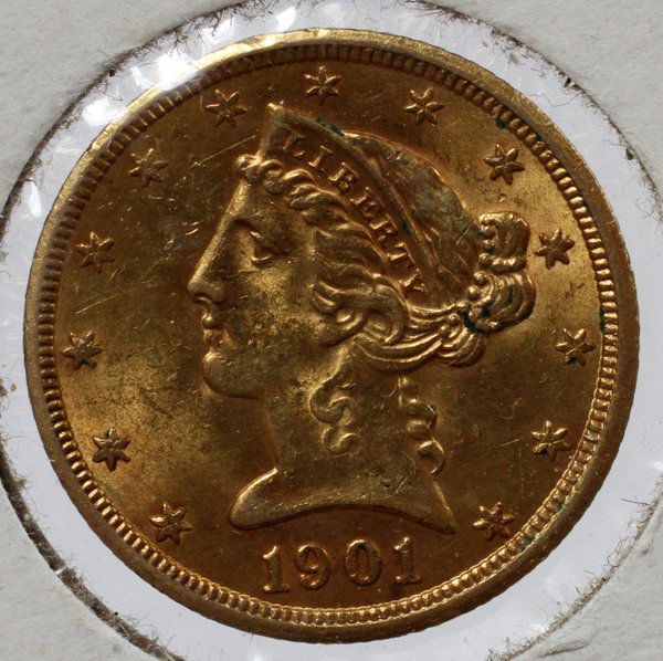 U.S. $5.DOLLAR GOLD COIN, 1901-S LIBERTY-EAGLE: U.S. $5.DOLLAR GOLD COIN, 1901-S LIBERTY-HEAD/EAGLE:United States $5.DOLLAR Gold Coin, 1901 - S, Uncirculated, Liberty Head and Eagle.