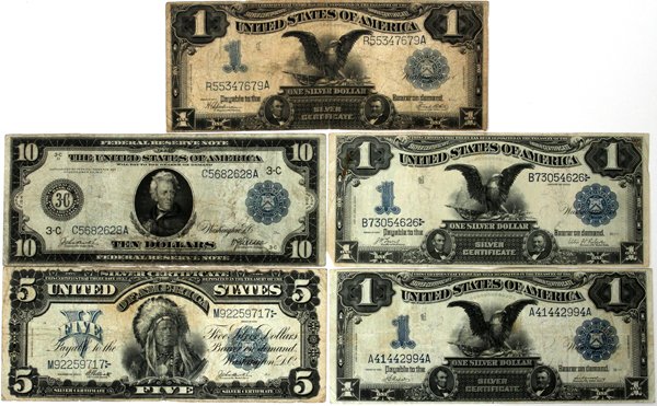 U.S. SILVER CERTIFICATES (4) AND RESERVE NOTE: UNITED STATES SILVER CERTIFICATES (4) AND RESERVE NOTE:includes: one 1914 Series $10.00 Federal Reserve Note; one 1899 "Running Antelope" $5.00 silver certificate. And three 1899 "Black Eagle" $1.00 s