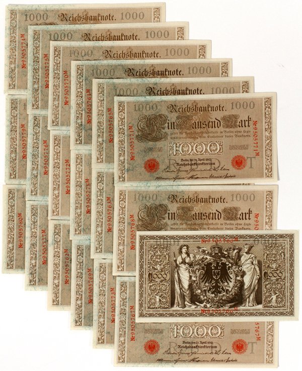 GERMAN CONSECUTIVE #9505762-M /80-M, ORANGE RED: GERMAN CONSECUTIVE # NR 9505762-M (TO) NR 9505780-M ORANGE-RED SEAL, 19 NOTES:Crisp unused German paper currency notes. M. Reichsbank notes. April 21,1910 . Consecutive matching serial numbers, # NR -