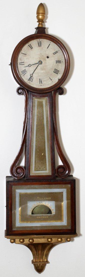 S. WILLARD'S FEDERAL BANJO CLOCK, H 40": S. WILLARD'S FEDERAL BANJO CLOCK, H 40", W 10 1/2", D 4":With original crank. Reverse painted panels. From the Estate of Walter Connolly, Grosse Pointe Farms, Mi.