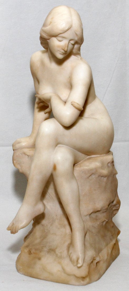 ALABASTER SCULPTURE, H 17 1/2", SEATED NUDE: ALABASTER SCULPTURE, H 17 1/2", SEATED NUDE:A seated nude looking at an insect on her bent left arm. No apparent signature.