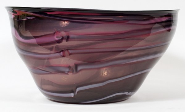 HAWTHORNE & NOWAK STUDIO GLASS BOWL, 1986, H 9": HAWTHORNE & NOWAK STUDIO GLASS BOWL, 1986, H 9", DIA 17 3/4":Shades of lavender in swirl form. Chris Hawthorne and James Nowak, American, 20th century.