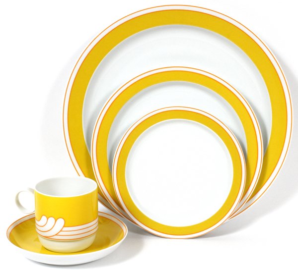 ROSENTHAL 'EXOTIC-YELLOW' PORCELAIN DINNER SET: ROSENTHAL STUDIO-LINE 'EXOTIC-YELLOW' PORCELAIN DINNER SERVICE, 43 PIECES (SERVICE FOR EIGHT):Including 9 dinner plates, Dia.10 1/4", 8 salad plates, Dia.8", 8 bread-and-butter plates, Dia.6", 9 cups 