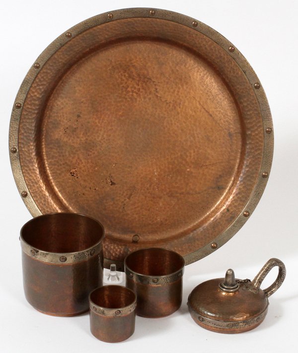 T.B. STARR STERLING/COPPER TRAY BEAKERS LIGHTER: THEODORE B. STARR, NEW YORK STERLING & HAMMERED COPPER TRAY, BEAKERS & LIGHTER, FIVE PIECES:consisting of hammered copper and Sterling silver pieces including a tray, 3 cups and a lighter. Trim to edg