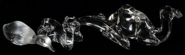 BACCARAT CRYSTAL ANIMALS, FOUR, L 3 1/2"-7 1/2": BACCARAT CRYSTAL ANIMALS, FOUR, L 3 1/2"-7 1/2":Including 1 duck, 1 bear, 1 dolphin, and 1 camel; all are signed.