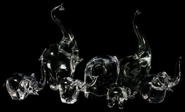 CRYSTAL ELEPHANTS, SEVEN, INCLUDING ORREFORS: CRYSTAL ELEPHANTS, SEVEN, H 1 3/4"-8", INCLUDING ORREFORS:One is signed "Orrefors", another "Correia Italy", all others do not appear to be signed.