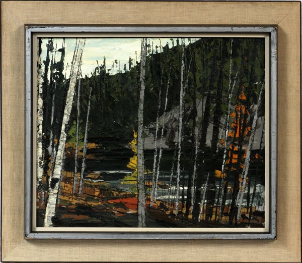 CAMERON OIL ON BOARD 1971, BIRCH TREES, ONTARIO: CAMERON (20TH C.), OIL ON BOARD, 1971, 15" X 19", BIRCH TREES, NORTHERN ONTARIO:Signed lower left (see photo), dated on the reverse, framed, stamped Shelton Galleries, Ontario on the reverse.