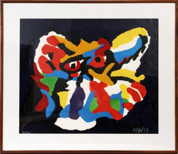 KAREL APPEL AQUATINT/CARBORUNDUM INTAGLIO PRINT: KAREL APPEL [DUTCH 1921-2006], COLOR AQUATINT & CARBORUNDUM INTAGLIO PRINT, #49/110, 1977, 28" X 35":Flying face on blue ground, signed and dated; 28 1/2" x 34 3/4"; framed.
