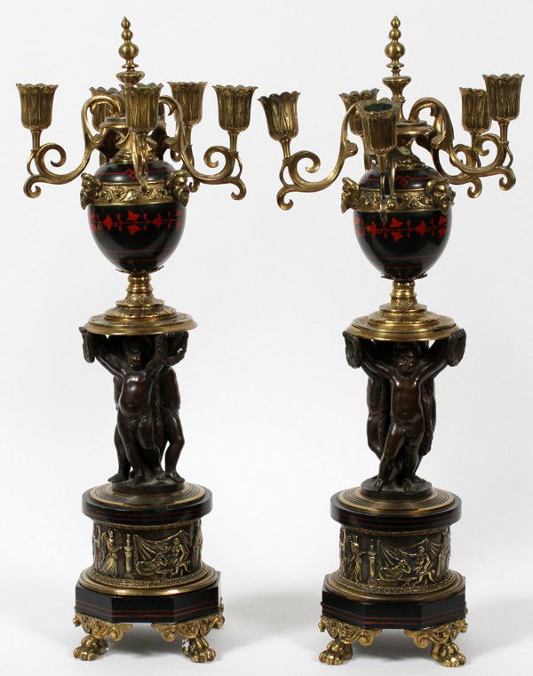 HENRI PICARD BRONZE MARBLE 5-LIGHT CANDELABRA: HENRI PICARD BRONZE AND MARBLE FIVE-LIGHT CANDELABRA, PAIR, H 22 1/2":Having scroll arms with masks atop, supported by three standing cherubs above an allegorical frieze, all on a marble base supporte