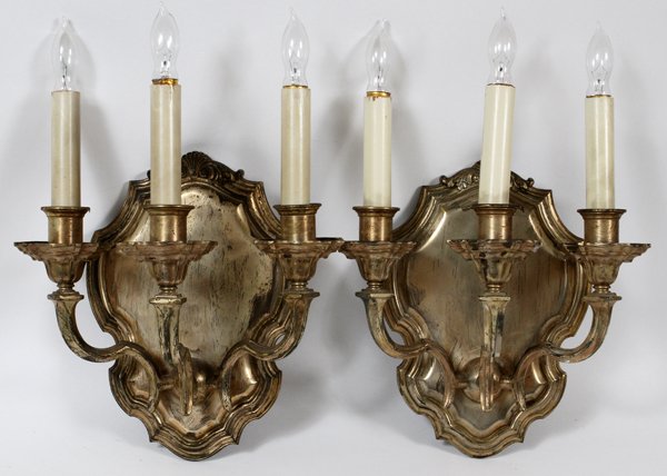 THREE-LIGHT WALL SCONCES, PAIR, H 18", L 14": ATTRIBUTED TO EDWARD F. CARDWELL & CO. THREE-LIGHT WALL SCONCES, PAIR, H 18", L 14":Each three-light sconce having shell and scroll crests. Electrified