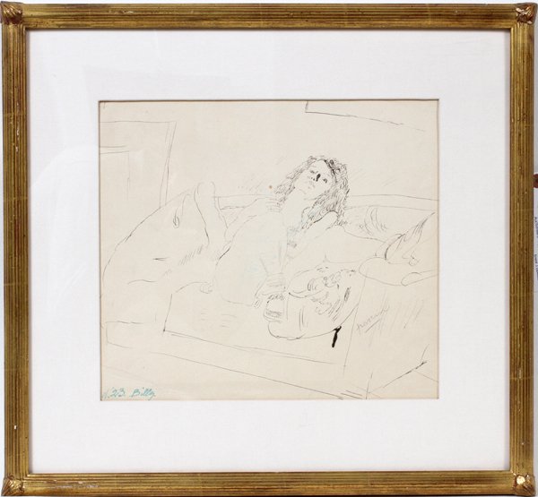 JULES PASCIN, INK DRAWING, 12" X 14", "BILLY": JULES PASCIN, INK DRAWING, 12" X 14" SIGHT, "BILLY":Pencil signed lower right; marked "N 23 Billy" lower left; framed. Martin Summers Graphics, NYC label; ex. Coll. Col. E. Ganso.