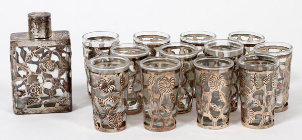 STERLING OVERLAY CRYSTAL LIQUOR GLASSES, FLASK: STERLING OVERLAY CRYSTAL LIQUOR GLASSES, 12, H 2" & MATCHING FLASK:Sterling with floral and leafy vine motif.