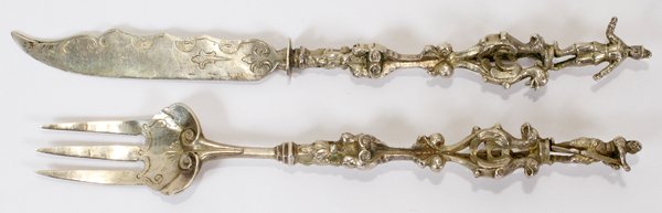 ITALIAN SILVER & PEWTER FISH SET, 2 PIECES: ITALIAN SILVER & PEWTER FISH SET, 2 PIECES:Figural, bird, scroll & etched designs.