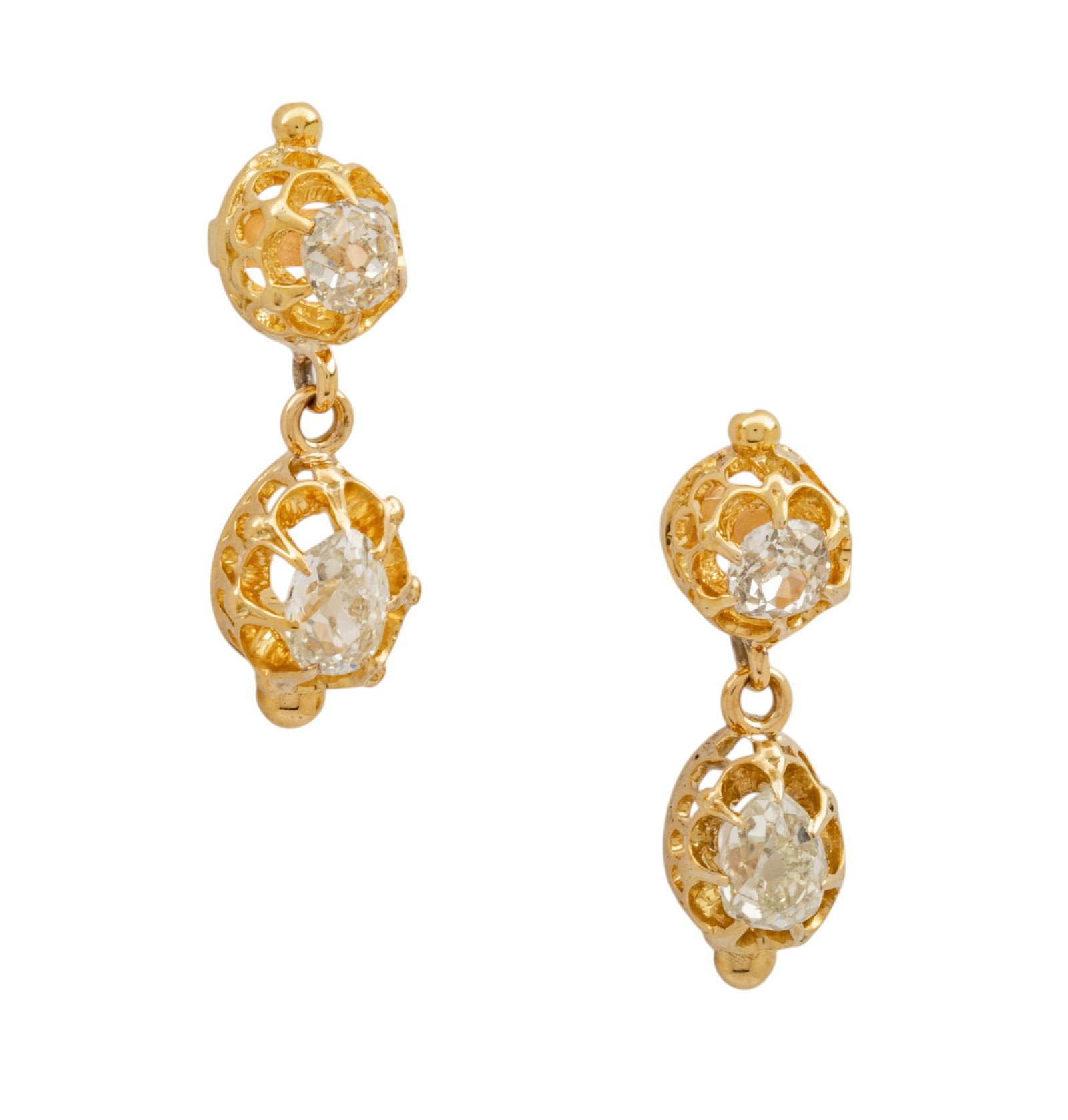 18K and 14K Yellow Gold Diamond Earrings, Old Mine Cut and Pear Shape 5.8 grams 1 PAIR (1 of 6)