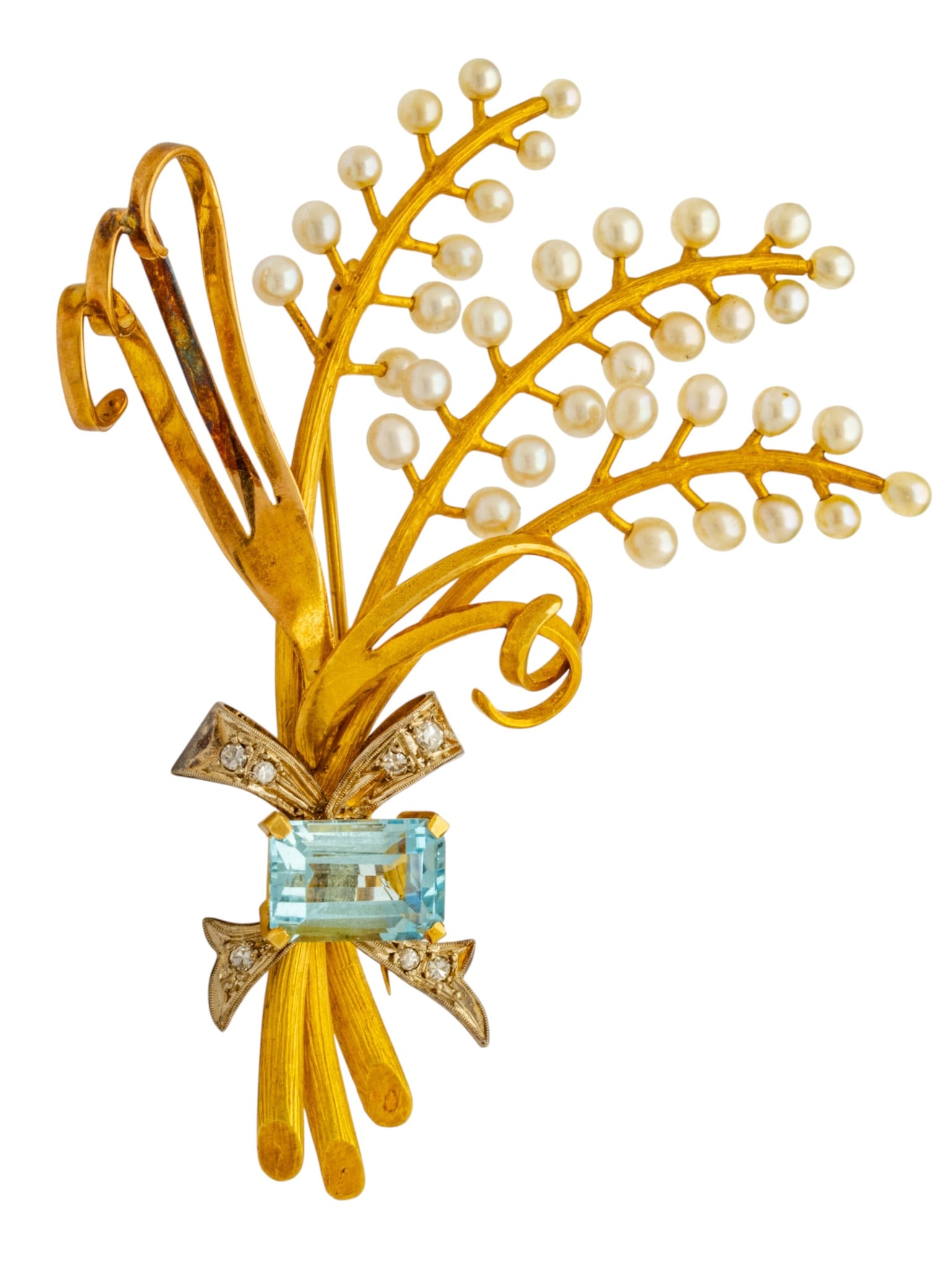 18k Yellow Gold, Aquamarine, Diamond, and Seed Pearl Brooch H 2.5" L 3.5" 24.3 grams