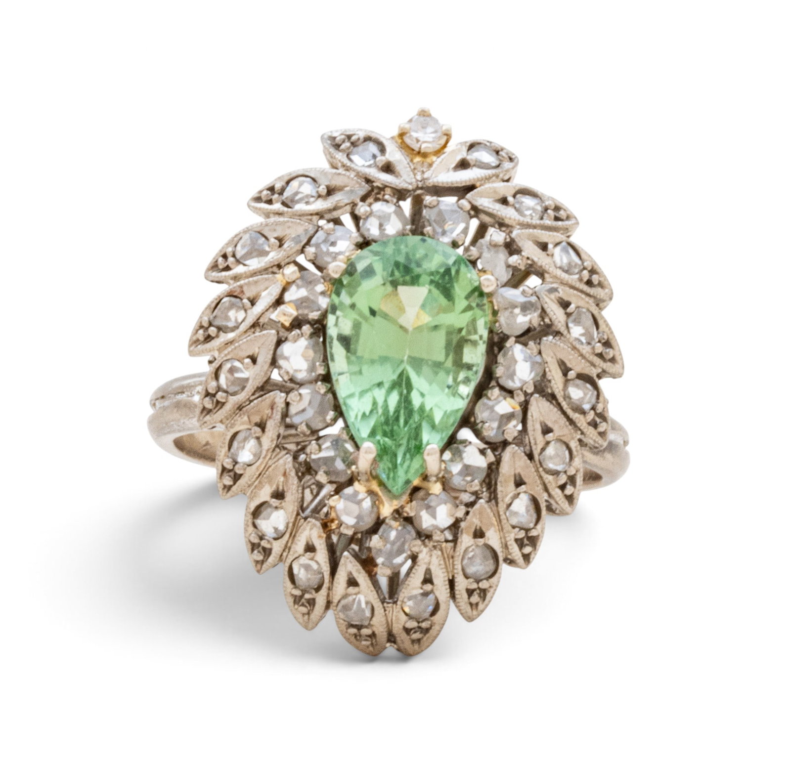 18k White Gold, Tourmaline, and Diamond Ring Size 8.5 7.6 grams: 18k White Gold, Tourmaline, and Diamond Ring Size 8.5 7.6 grams A cocktail ring set with a pear-shaped mint green tourmaline (appx. 7.1 x 6.7 x 5.6 mm ) within a surround of rose-cut diamond melee and