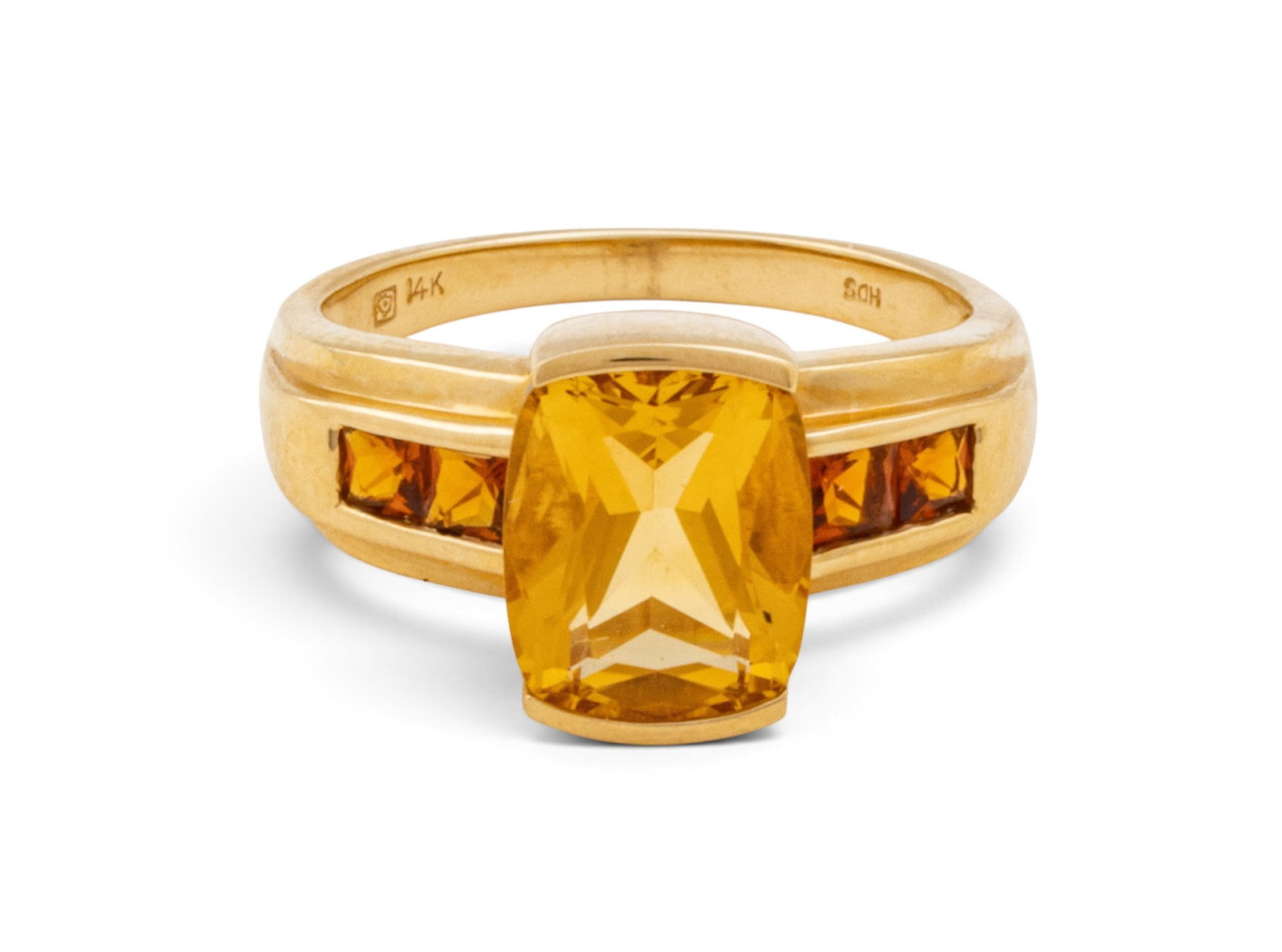 14k Yellow Gold and Citrine Ring, Size 7 5 grams 1 PC: 14k Yellow Gold and Citrine Ring, Size 7 5 grams 1 PC Impressed 14K and maker's mark. A cushion cut citrine (appx. 10 x 8.1 x 5.5 mm) semi-bezel set and flanked by four smaller and deeper colored prin