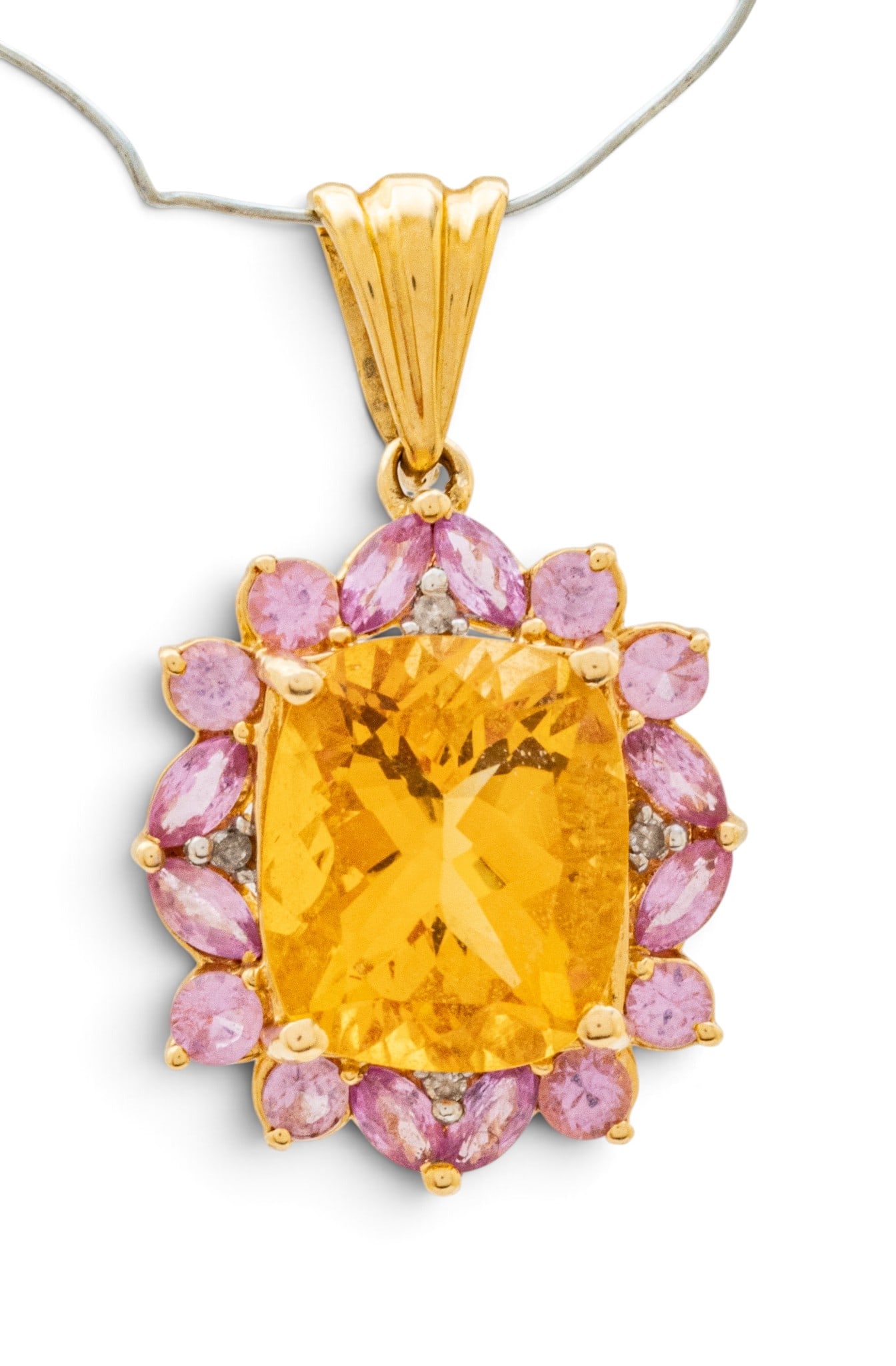 14k Yellow Gold, Citrine, and Pink Sapphire Pendant 4 grams 1 PC: 14k Yellow Gold, Citrine, and Pink Sapphire Pendant 4 grams 1 PC Impressed India and 14K also STS. A cushion cut citrine (appx. 11.9 x 10 x 7 mm) is surrounded by 16 prong set, round brilliant and mar