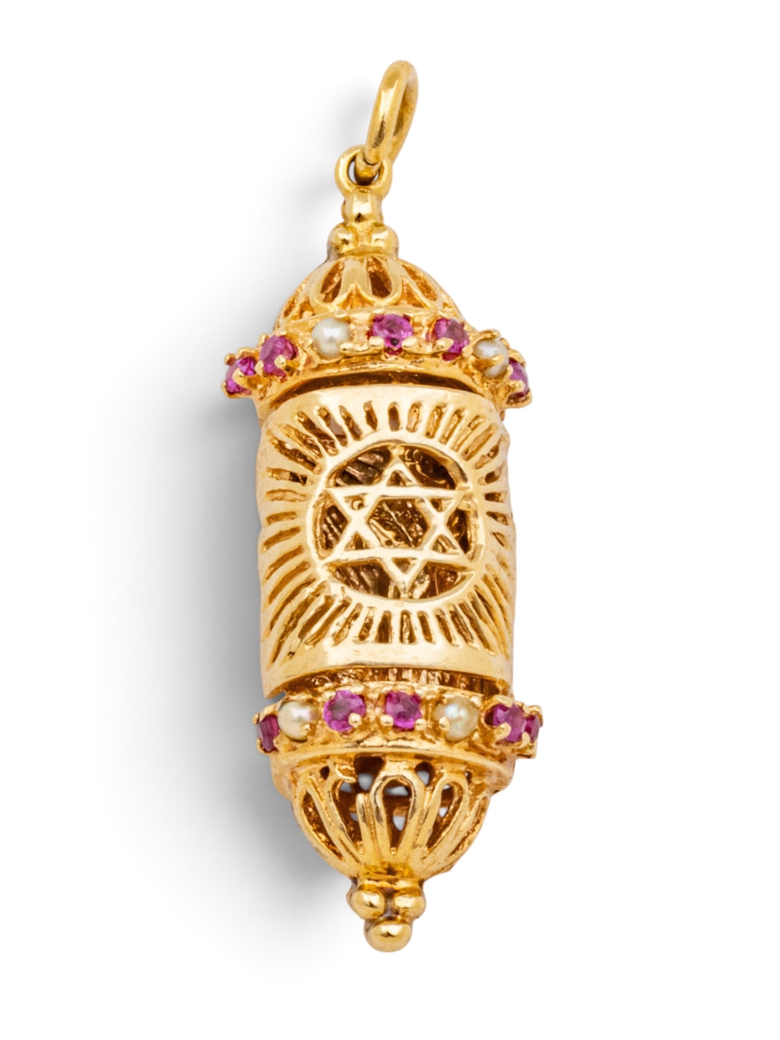 14k Yellow Gold Mezuzah Locket Pendant, Rubies and Seed Pearls H 1.3" 9 grams 1 PC (1 of 4)