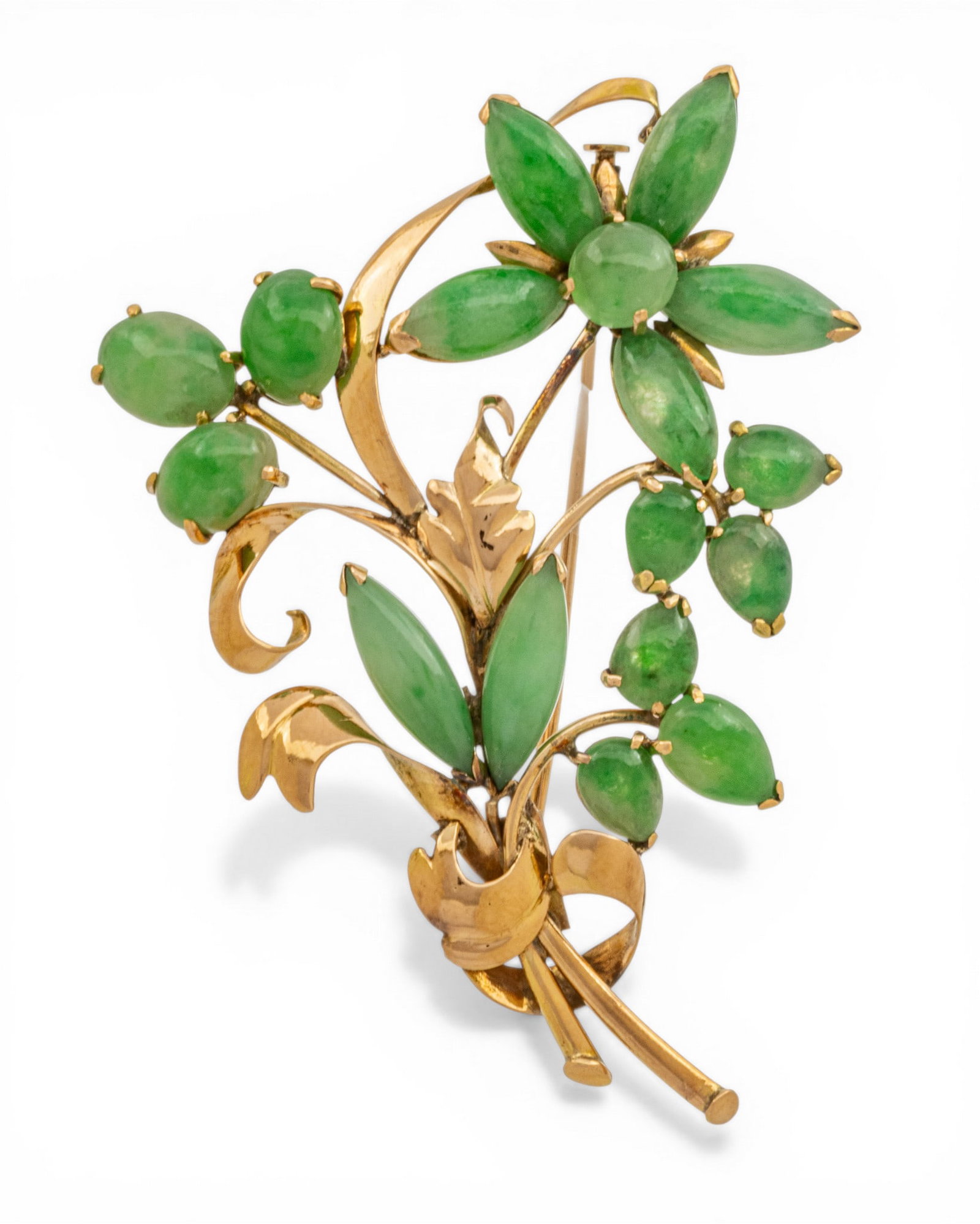 Burmese Green Jade Brooch, 14K Yellow Gold 1960, L 2.2" 10 grams 1 PC (1 of 6)