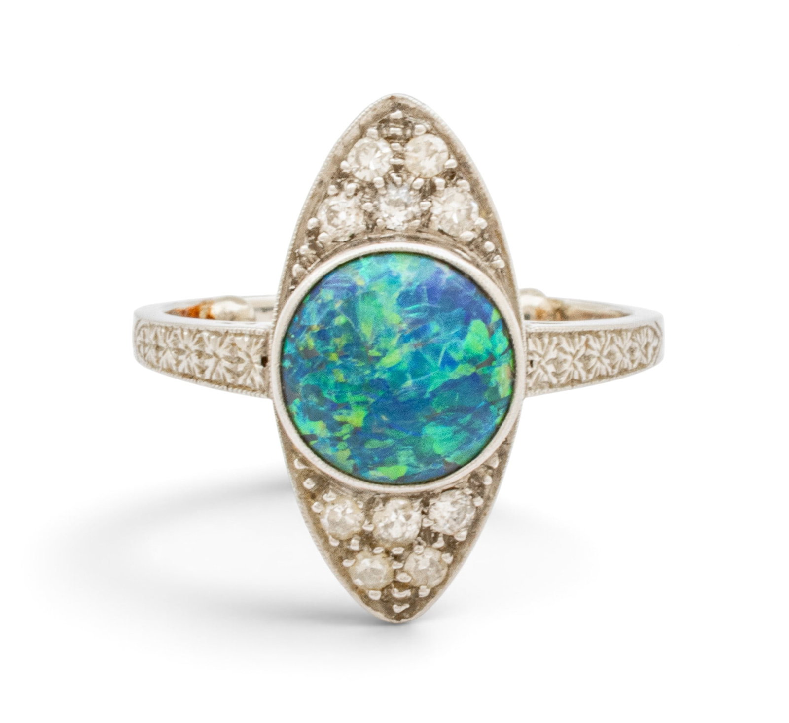 Platinum and Blue Opal and Diamond Ring, Size 6, Ca. 1930, 5 grams (1 of 9)