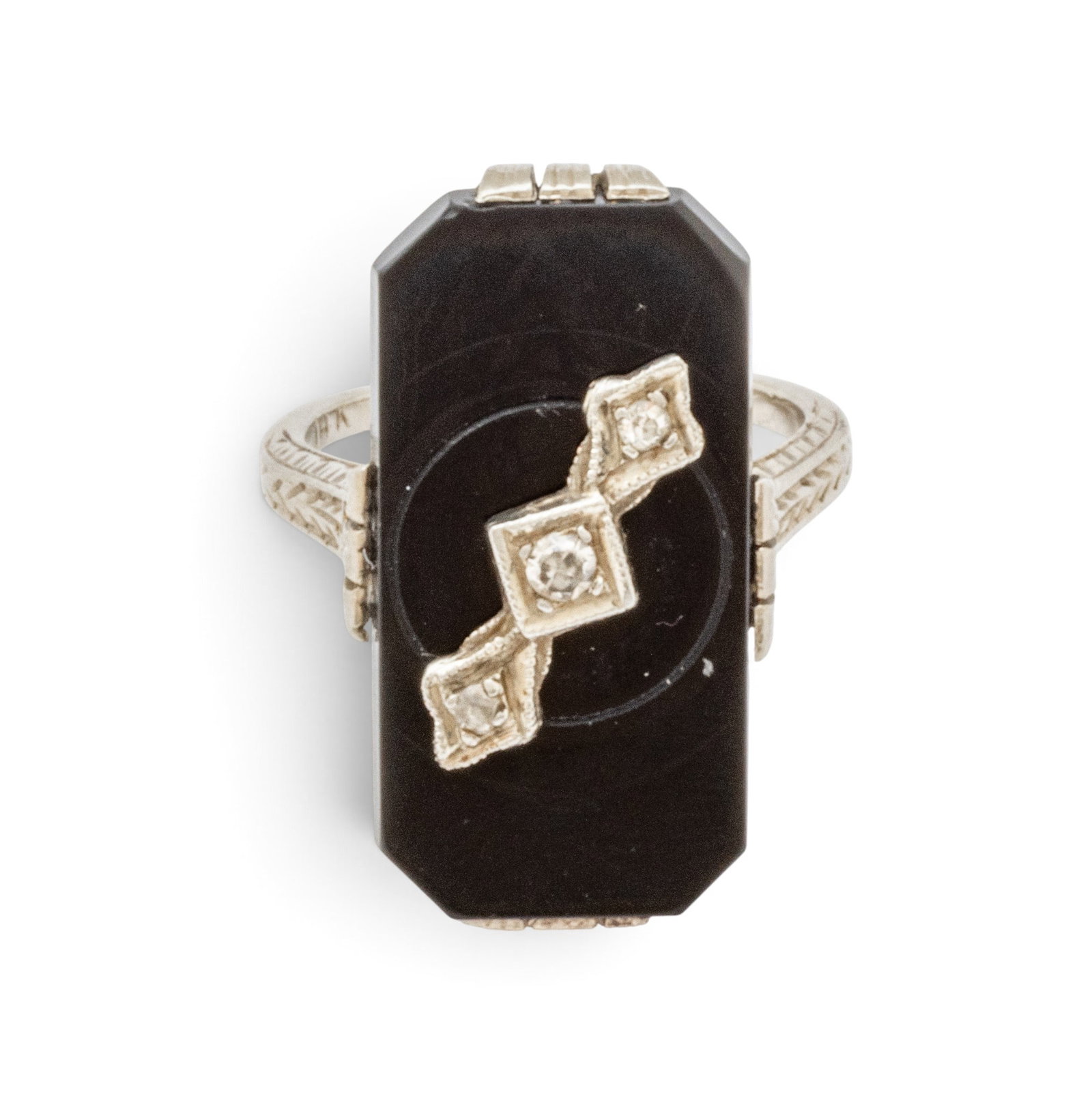 14K White Gold Black Onyx and Diamond Accent Ring, Size 2 1940, 4 grams 1 PC: 14K White Gold Black Onyx and Diamond Accent Ring, Size 2 1940, 4 grams 1 PC Art nouveau style. Stamped 14k to the interior of the band. Dimensions: 4 g 1 PC Weight: 4 grams