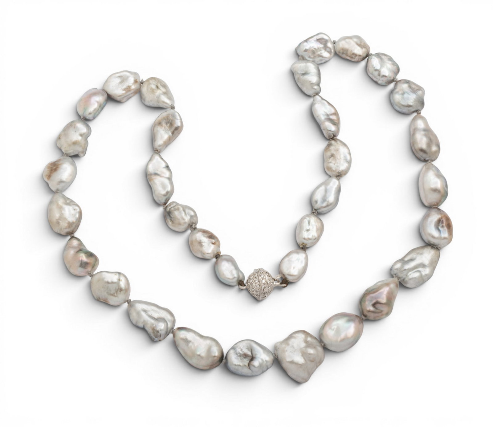 18K White Gold and Diamond Clasp, Gray Baroque Biwa Pearl Necklace L 18": 18K White Gold and Diamond Clasp, Gray Baroque Biwa Pearl Necklace L 18" A graduated gray, Baroque Biwa pearl necklace, knotted between each, having a 18k white gold clasp with round, brilliant diamon