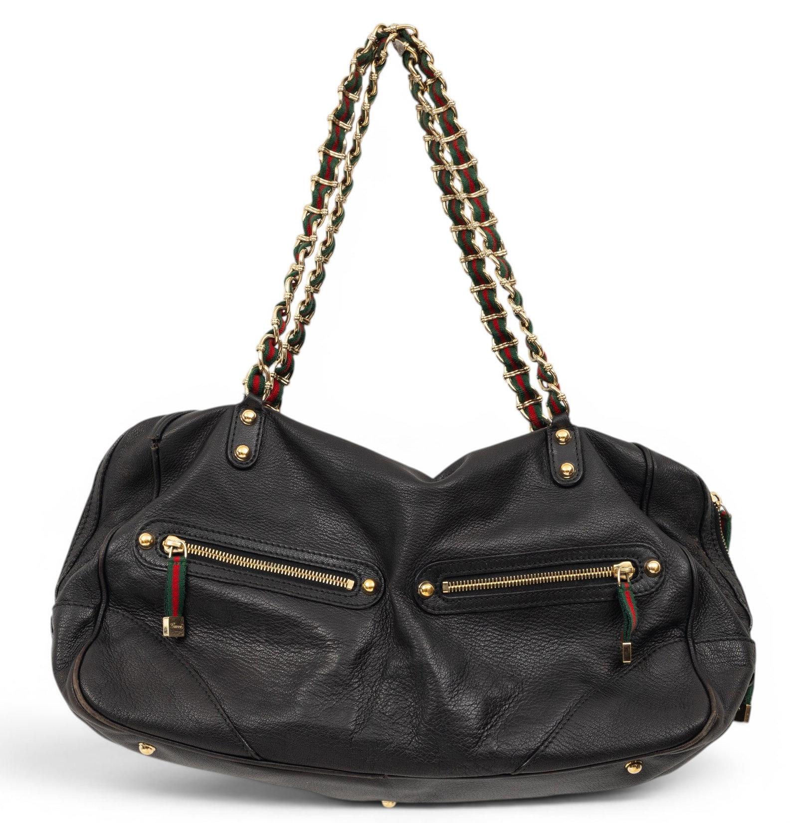 Gucci (Italian, B. 1921) Leather 'Capri' Bowler Bag, 1998, SN: 153687, H 9" W 17" Depth 6": Gucci (Italian, B. 1921) Leather 'Capri' Bowler Bag, 1998, SN: 153687, H 9" W 17" Depth 6" Having gold plated hardware. Red and striped canvas fabric interwoven between hardware of metal strap. Shape 