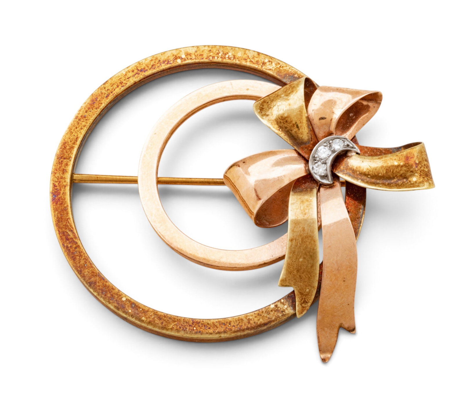 14K Yellow and Rose Gold Circle Brooch with Diamonds 1960, H 2.2" 12 grams 1 PC: 14K Yellow and Rose Gold Circle Brooch with Diamonds 1960, H 2.2" 12 grams 1 PC Impressed 14K. Four full cut prong set diamonds @ .10ct. Provenance: Property from a Farmington Hills, MI private collec