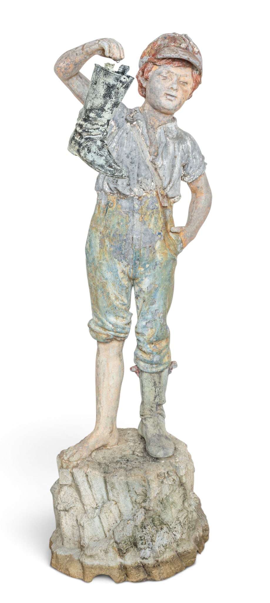 A.B. & W.T. Westervelt (American, 1883-1890) Molded Zinc and Iron, with Lead Paint 'Boy with the: A.B. & W.T. Westervelt (American, 1883-1890) Molded Zinc and Iron, with Lead Paint 'Boy with the Boot (The Unfortunate Boot)', H 61" W 22" Raised or stamped foundry plate near the statue's base or the