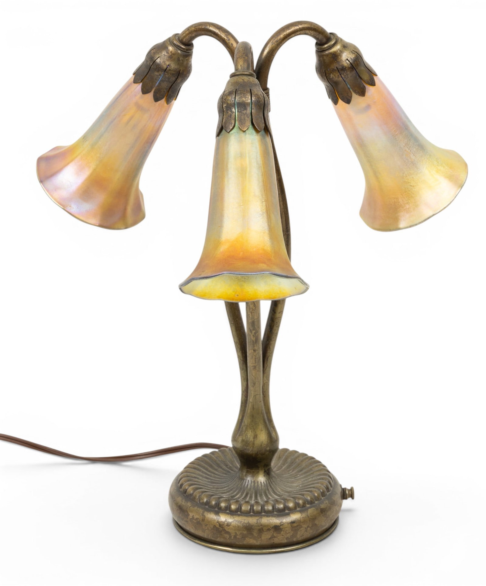 Tiffany Studios (American, 1878-1938) Art Glass and Bronze Three Light Lily Lamp H 12.5" Dia. 8" (1 of 5)