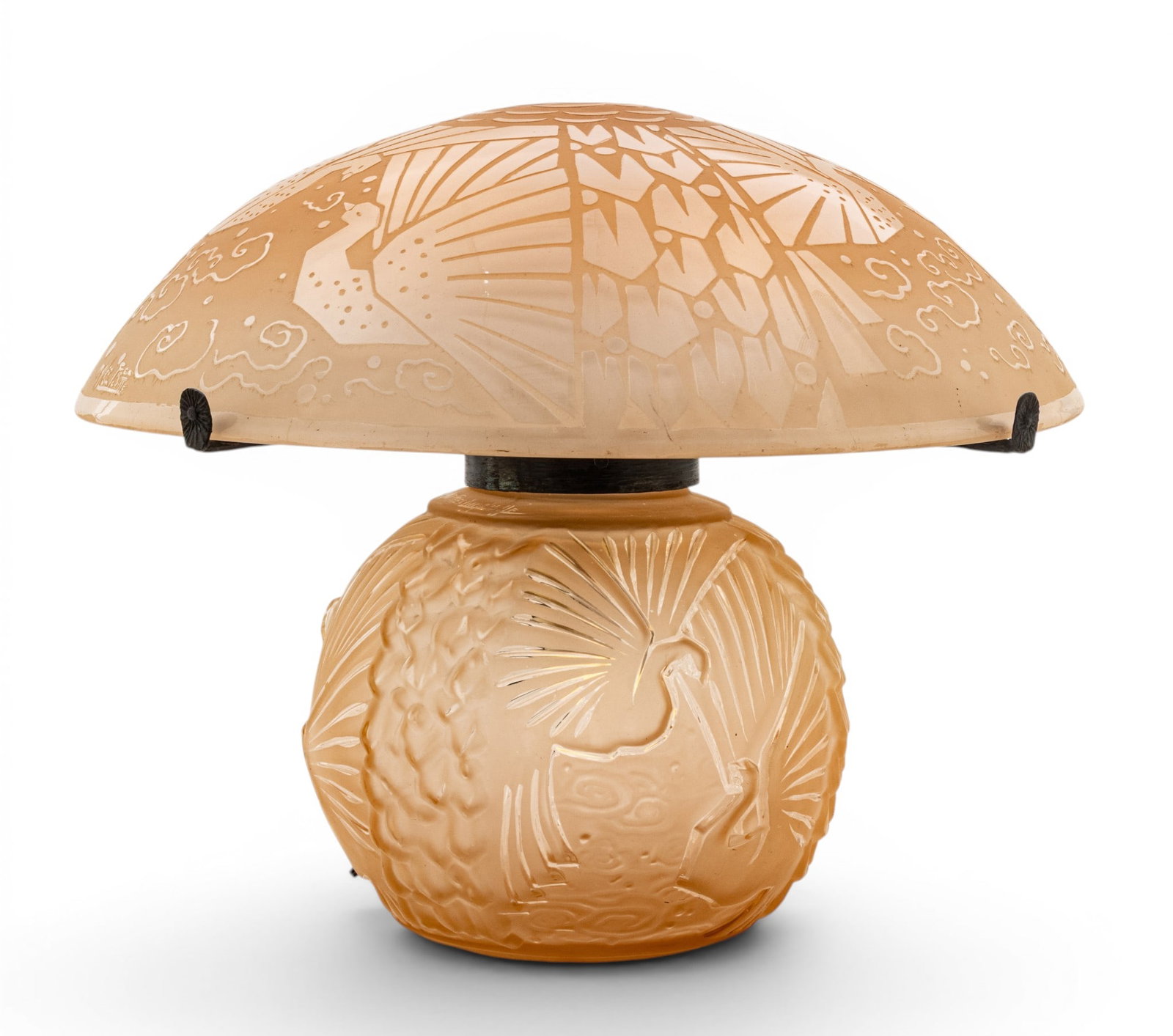 Muller Frères (French, 1895-1933) Art Deco Peach-tone Uraline Glass 'Aux Paons' Table Lamp, Ca.: Muller Frères (French, 1895-1933) Art Deco Peach-tone Uraline Glass 'Aux Paons' Table Lamp, Ca. 1925-30, H 15.5" Dia. 17.5" Matching molded and frosted uraline glass shade and base in a peach-ton