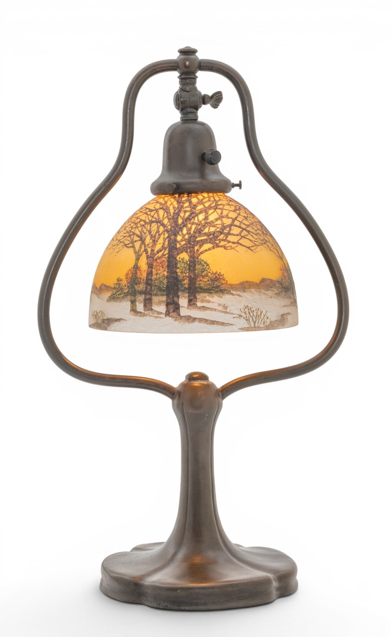 Handel Lamp Company (American, 1885-1936) Reverse Painted Glass on Bronze Harp Base Boudoir Lamp, (1 of 9)
