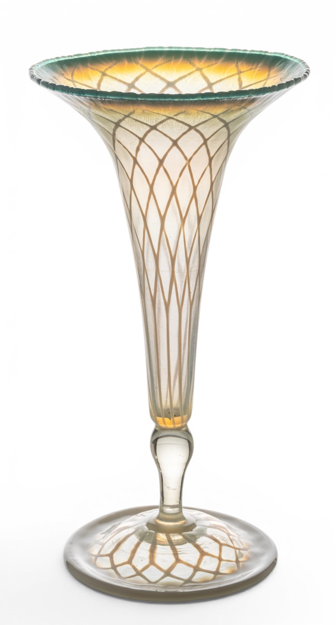 Louis Comfort Tiffany (American, 1848-1933) Favrile Green to Clear to White Lattice Blown Glass: Louis Comfort Tiffany (American, 1848-1933) Favrile Green to Clear to White Lattice Blown Glass Trumpet Vase 1900, H 10.75" Dia. 5" Signed "L. C. Tiffany Favrile 1885". Opalescent white spreading rim 