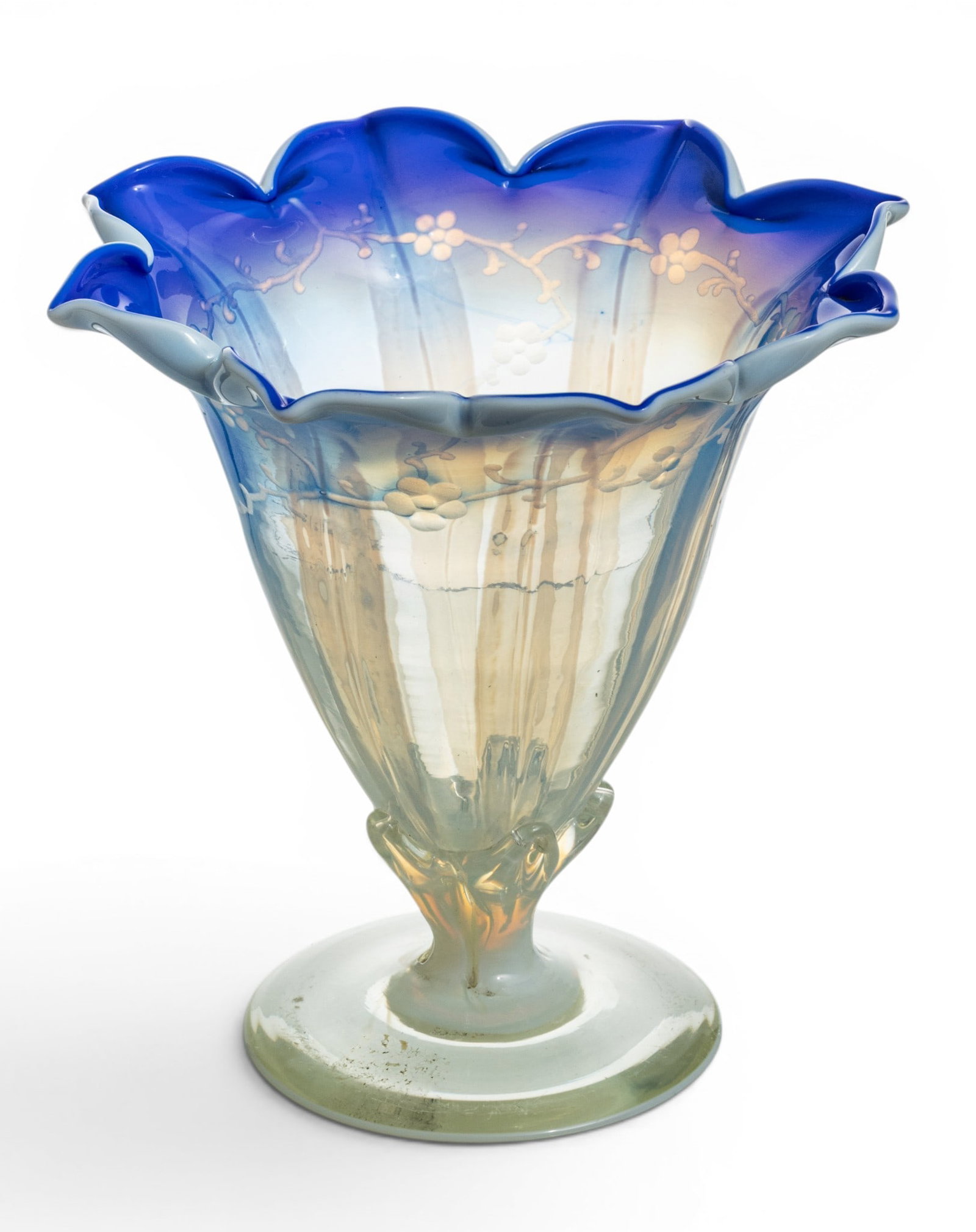 Louis Comfort Tiffany (American, 1848-1933) Blue and White Favrile Glass Etched Ruffled Edge Compote: Louis Comfort Tiffany (American, 1848-1933) Blue and White Favrile Glass Etched Ruffled Edge Compote 1900-1915, 'Blue Buttercup', H 4.25" Dia. 5.75" Signed on underside "L. C. Tiffany Favrile 1938". B