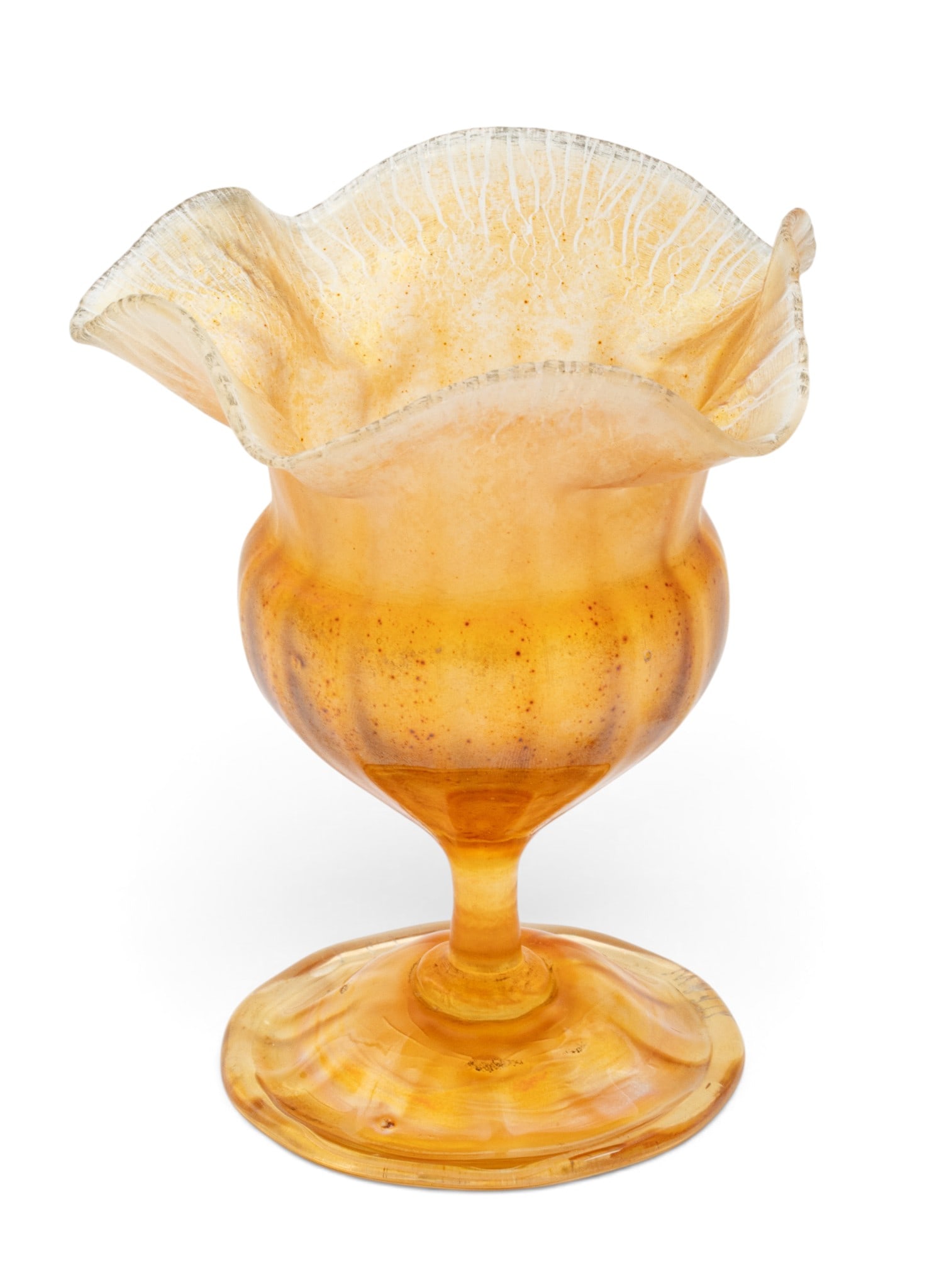 Louis Comfort Tiffany (American, 1848-1933) Gold Favrile Glass Compote 1910-1920, H 5" Dia. 4": Louis Comfort Tiffany (American, 1848-1933) Gold Favrile Glass Compote 1910-1920, H 5" Dia. 4" iridescent gold Favrile compote with ruffled edge. Signed on underside "LCT W2372" Provenance: Property f