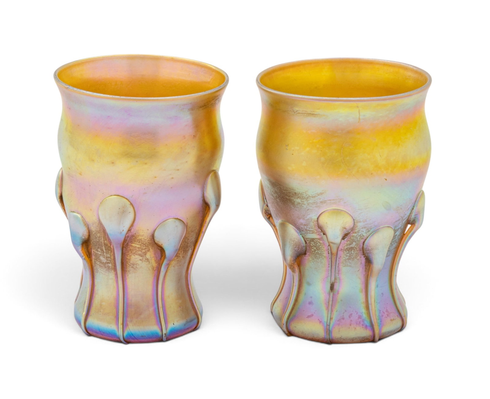 Louis Comfort Tiffany (American, 1848-1933) Gold Favrile Glass Cabinet Vases 1900, H 3.25" Dia.: Louis Comfort Tiffany (American, 1848-1933) Gold Favrile Glass Cabinet Vases 1900, H 3.25" Dia. 2.25" 1 PAIR Each signed on underside "LCT G157" and "LCT G132". Iridescent gold favrile ground with tad